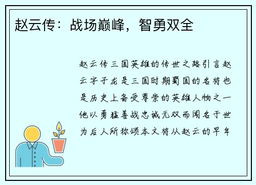 赵云传：战场巅峰，智勇双全